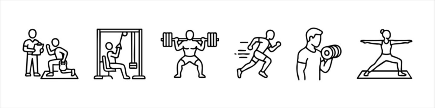 Fitness and Gym Workout Line Icons Set with Personal Training, Bodybuilding, Squats, Weightlifting, Running, and Yoga - Vector Illustration