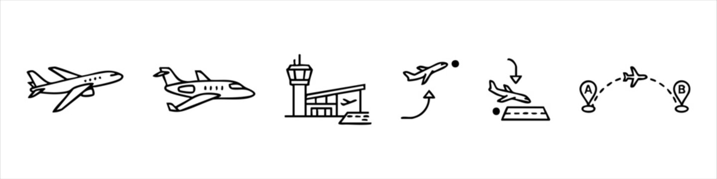 Hand-Drawn Aviation and Travel Icon Set: Commercial Planes, Private Jet, Airport Terminal, Takeoff, Landing, and Flight Route from Point A to B