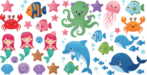 Cute underwater sea life cartoon collection with fish octopus dolphin whale crab jellyfish and mermaid vector illustration set isolated on light background © Yevhenii creative