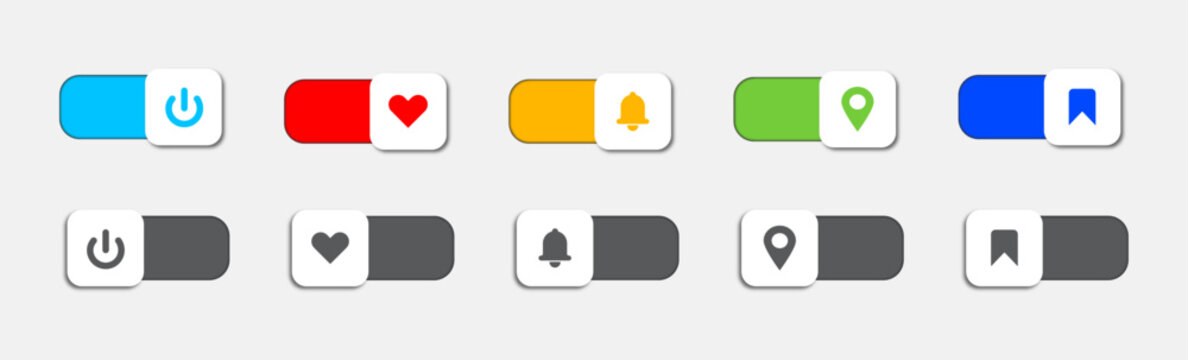 Modern UI Toggle Switch Collection with Functional Icons and Vibrant Status Colors, Editable AI file