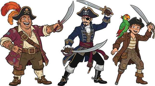Pirate Character Set with Captain, Naval Officer, and Young Buccaneer Cartoon Mascot Collection for Adventure Game and Fantasy Design