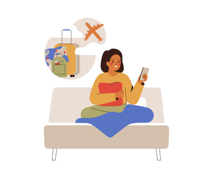 Woman planning her holidays and buys tickets on the plane online by phone. Girl dreaming about vacations at home. Young female making her future trip map. Vector illustration