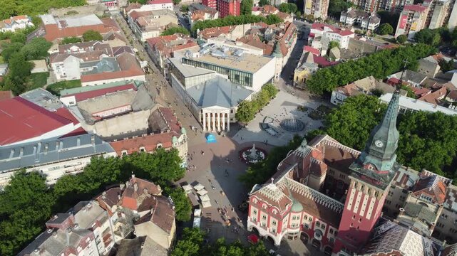 Drone footage reveals the main square of Subotica from above bathed in bright sunlight in northern Serbia.