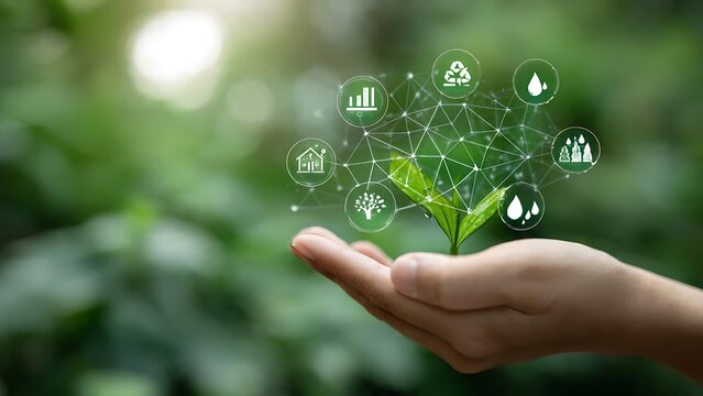 Hand holding plant with digital eco-friendly technology icons overlay