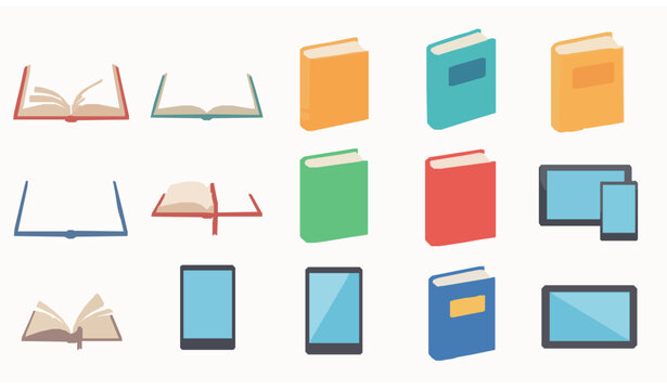 Colorful book and ebook icon set vector with open books and digital reading symbols for apps and education