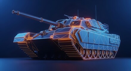 Obraz premium A futuristic tank rendered with wireframe and neon glow on a dark blue background