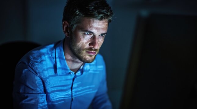 Young man working on a computer in a dark room with blue light and screen reflection on his face.