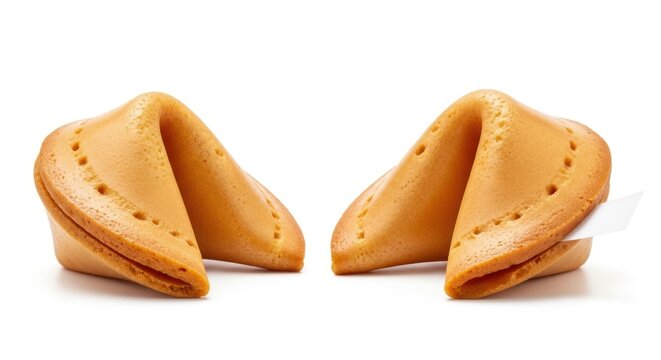 Two fortune cookies isolated on white background, symbolizing luck and predictions.