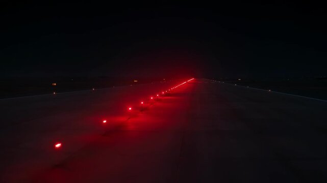 A dark airport runway at night, illuminated by rows of red lights
