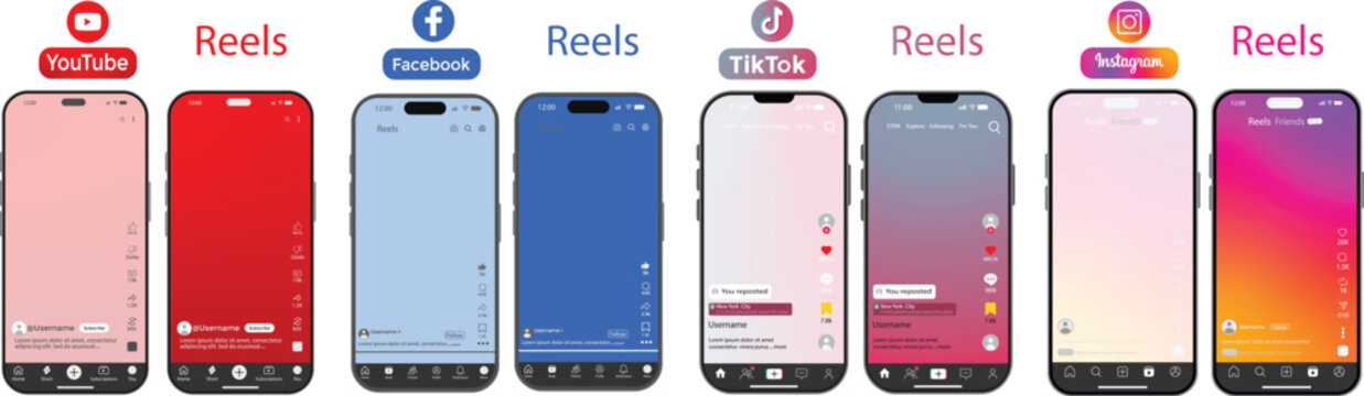 Facebook YouTube TikTok Instagram content formats showing post reels story video short with smartphone. Notifications, Explore, Likes, Comments, Shares. instagram and youtube mockup social media templ