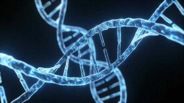 Blue glowing DNA double helix rotating on black background
