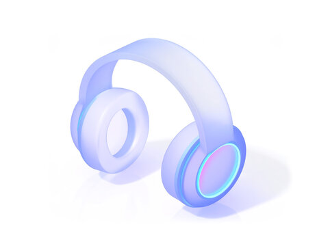 3D over‑ear headphones with glowing neon rings and a blue‑purple‑pink gradient, featuring a smooth matte‑glass effect and a futuristic translucent design on a clean white background.