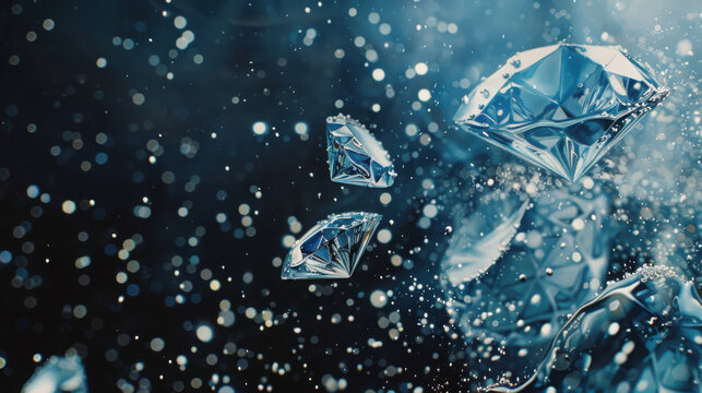 Sparkling diamonds falling through water with splashes and bubbles luxury and wealth concept