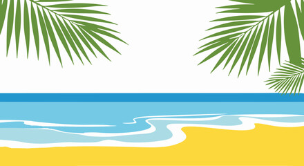Fototapeta premium Tropical beach paradise background with green palm leaves, yellow sand and blue ocean waves, flat vector illustration of summer vacation with clean copy space for travel banners