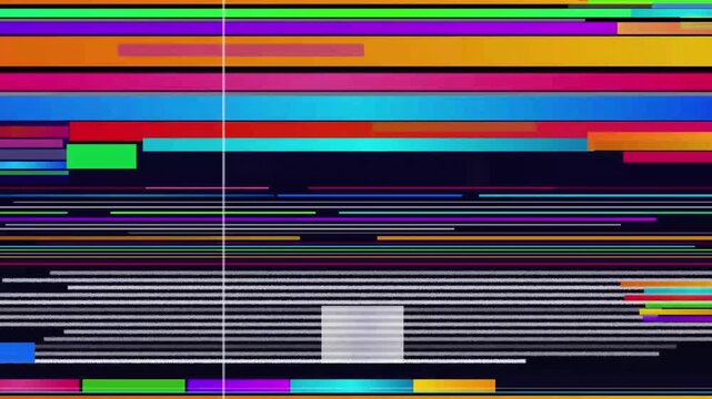 Abstract digital glitch background with colorful horizontal lines and data corruption elements.