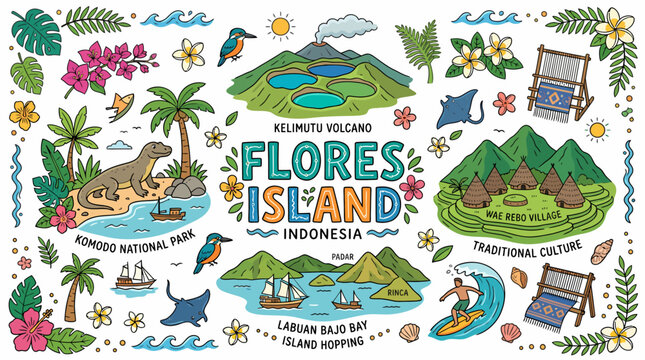 Flores Island Indonesia Cartoon Travel Map Illustration