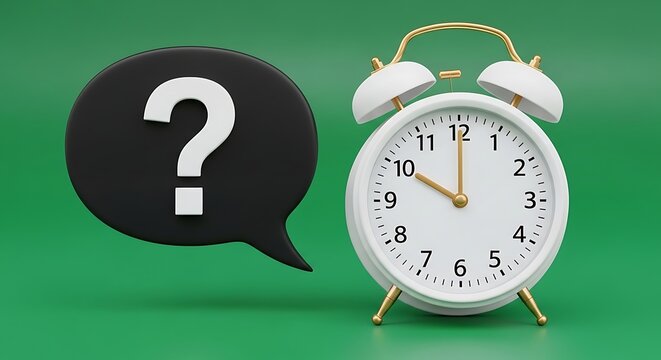 A clock and a question mark on a green background