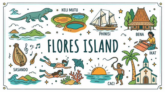 Flores Island Indonesia Travel Illustrations: Komodo, Phinisi, Culture