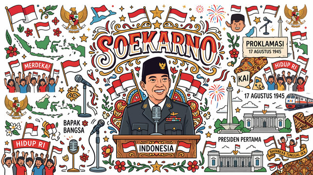 Indonesia Independence Day Celebration with Soekarno Illustration