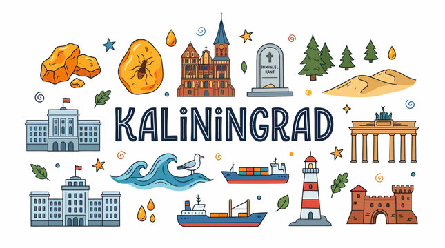 Kaliningrad City Attractions and Landmarks Doodle Art