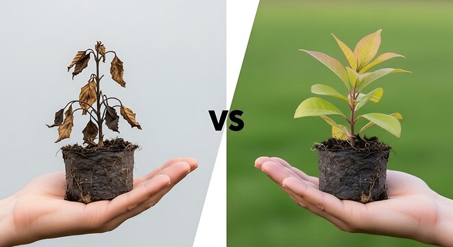 Split image: hand holding dead plant vs. hand holding healthy sprout with plant care, before and aft