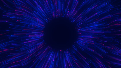 Fototapeta premium Big data light speed flow outwards center. Abstract digital data stream of quantum computing. Cyberspace of qubit trail waves. Modern tech information transmission. Ai neural network