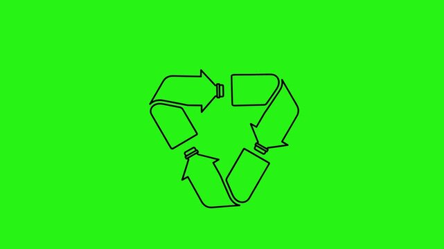 Rotating black recycling symbol made of plastic bottles on a green screen background seamless loop