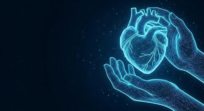 A glowing, digital representation of hands cradling a human heart against a dark background