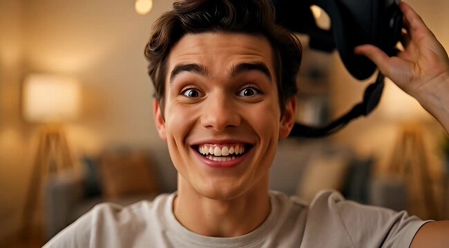 Excited young man with a broad smile preparing for immersive virtual reality experience