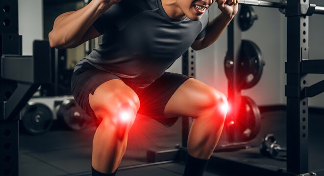 Man's knee pain highlighted during barbell squats in gym. Joint injury and discomfort concept for intense workout.