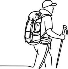 Fototapeta premium A hiker with a backpack and trekking poles walking on a trail outdoors