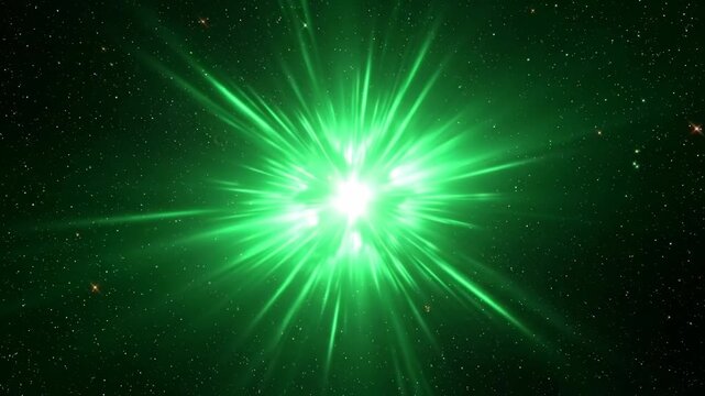 A bright green explosion radiates energy through a starry night sky.