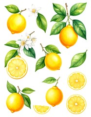 Obraz premium Watercolor illustration of lemons and blossoms with verdant leaves
