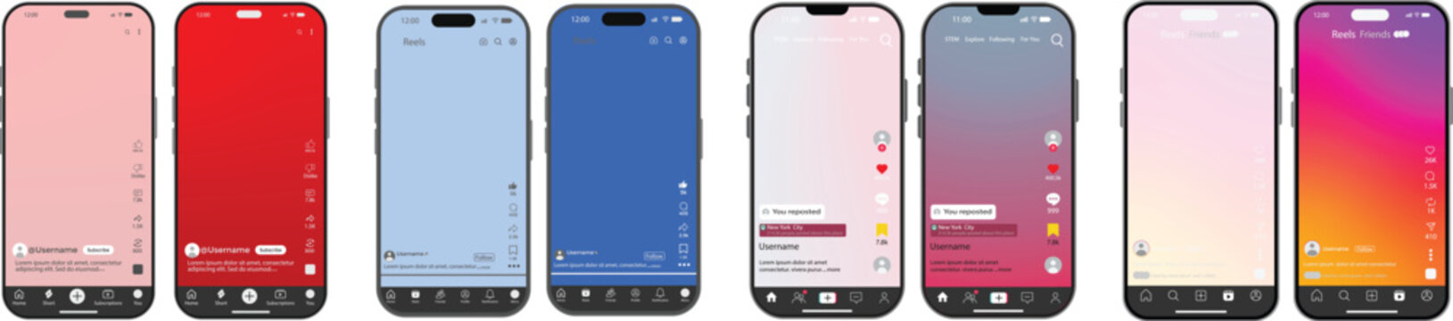 Facebook Instagram TikTok LinkedIn YouTube UI mockup pack iPhone 17 with reels posts shorts. video frame, job feed, mobile app UI design. Messages, Notifications, Explore, Likes, Comments, Shares, and