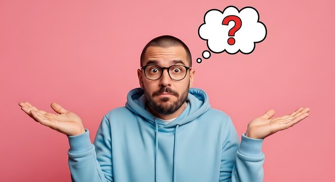 A man with a question mark above his head looks confused