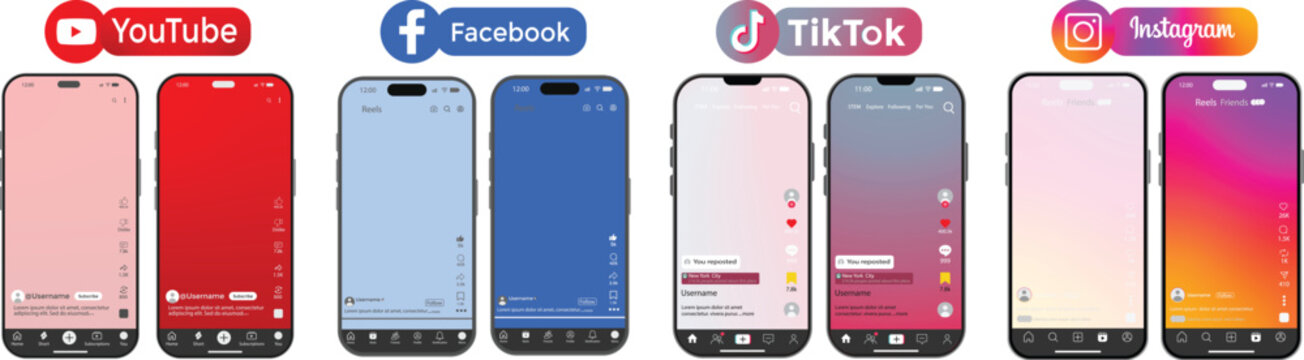 Facebook Instagram TikTok LinkedIn YouTube UI mockup pack iPhone 17 with reels posts shorts. video frame, job feed, mobile app UI design. Messages, Notifications, Explore, Likes, Comments, Shares, and