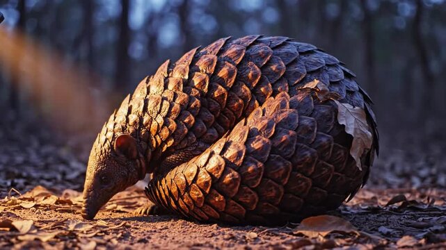 Pangolin Curled Defensively in Forest Dusk Light