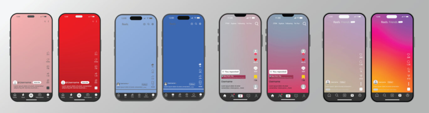 Facebook Instagram TikTok LinkedIn YouTube UI mockup pack iPhone 17 with reels posts shorts. video frame, job feed, mobile app UI design. Messages, Notifications, Explore, Likes, Comments, Shares, and