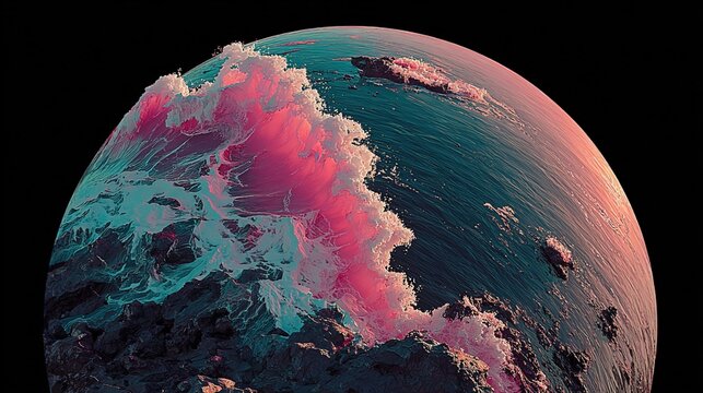 Surreal Alien Planet in Space: Hyper-Realistic Oil Painting Style with Neon Pink and Cyan Waves, Thick Impasto Texture, Cosmic Ocean World on Black Background