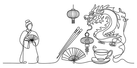 A single continuous line drawing of traditional chinese cultural elements and symbols for design Vector, illustration © D-Stocker2026