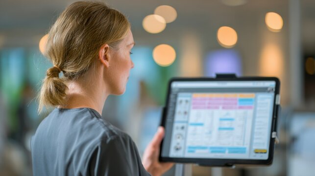 Medium shot of a medical professional consulting a tablet connected to an AIdriven patient flow management system displayed on a large screen with background softly out of focus.