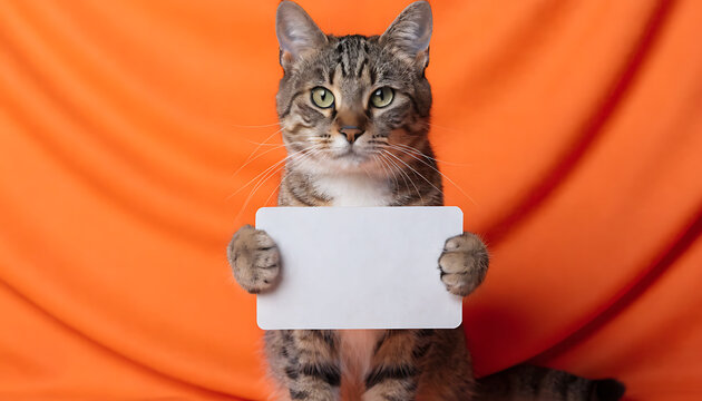 tabby cat holding blank white sign in front of orange background