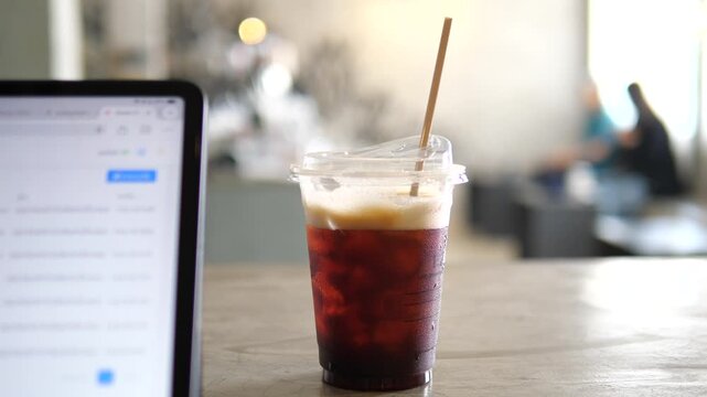 Close-up of financial candlestick chart on tablet screen with blurred iced coffee in cafe for stock trading and cryptocurrency investment concept