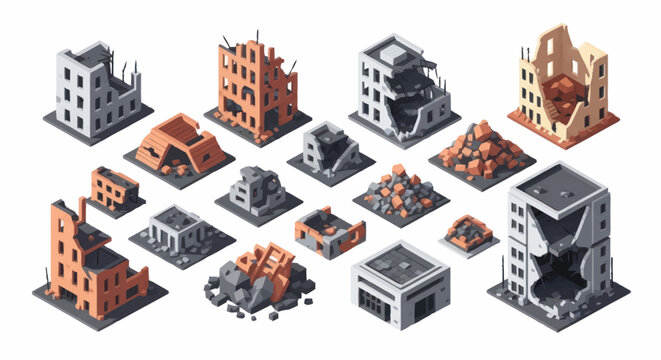 Collection of Damaged and Destroyed Buildings in Isometric View.