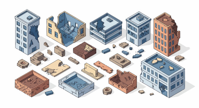 Collection of Isometric Damaged and Destroyed Buildings and City Elements.