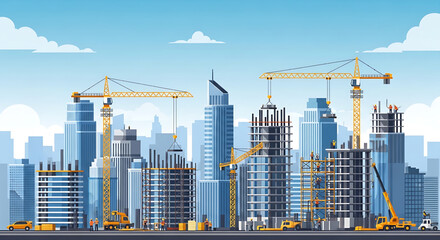 Fototapeta premium Construction of modern skyscrapers in a bustling cityscape with cranes and scaffolding