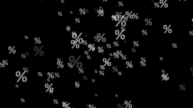 A dark background filled with numerous scattered gray and white percentage symbols of varying sizes creating a dynamic abstract pattern representing discounts and sales