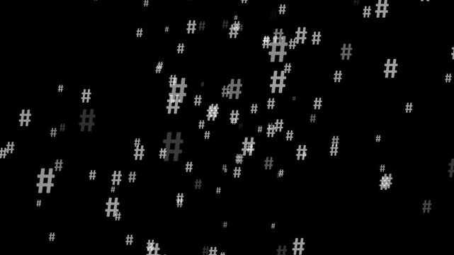 A black background adorned with a scattered array of gray and white hashtag symbols of different sizes, creating a dynamic abstract pattern representing social media and online trends