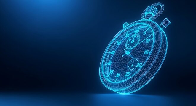 A luminous blue wireframe of a stopwatch against a dark blue background