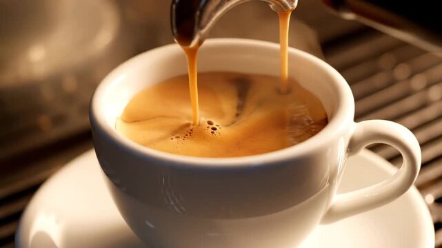 Freshly brewed hot espresso poured into a white ceramic cup creating crema, a rich, aromatic coffee beverage perfect for a morning pick-me-up or afternoon treat